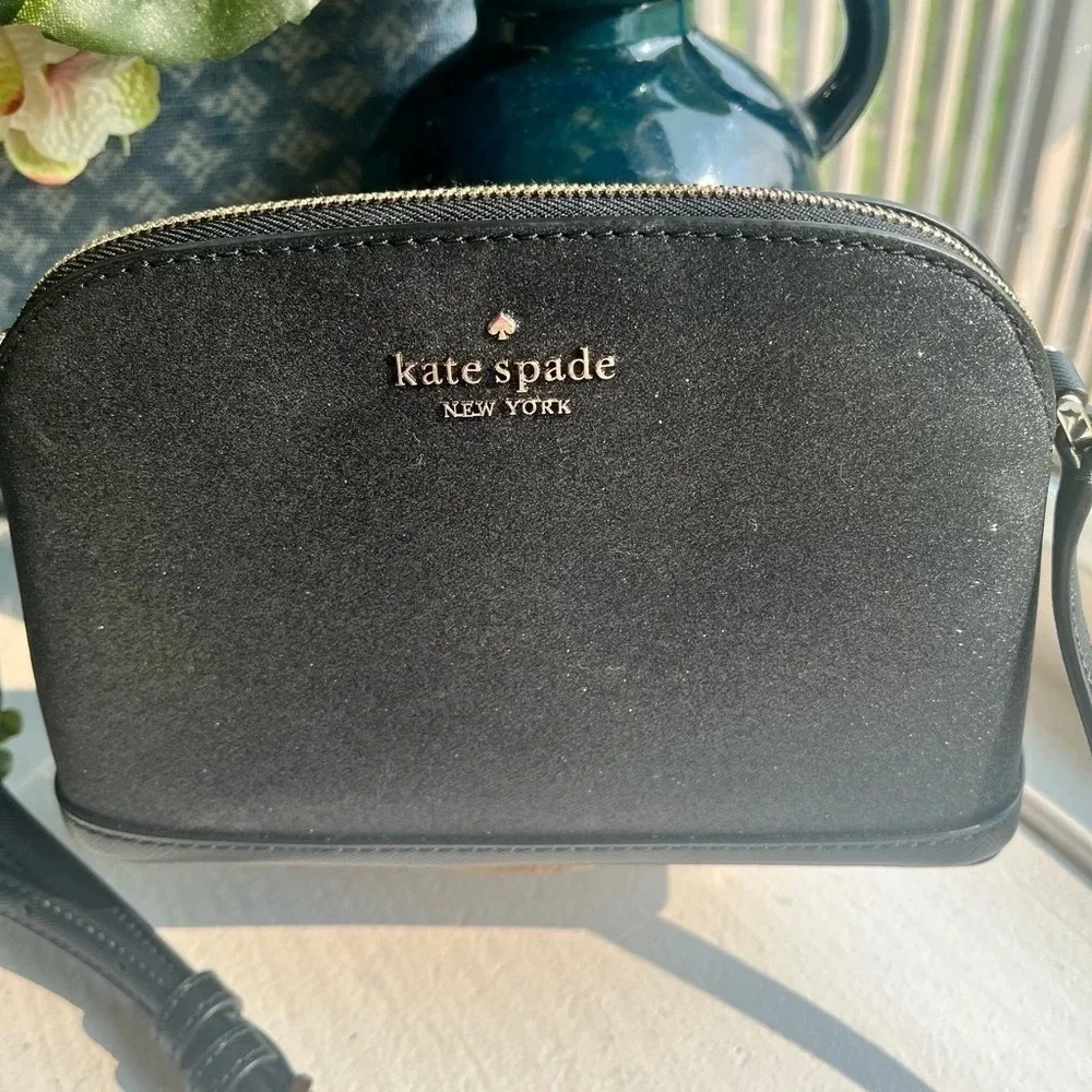 Kate Spade New York Black Glitter Leather Crossbody Bag Spade Logo NWT